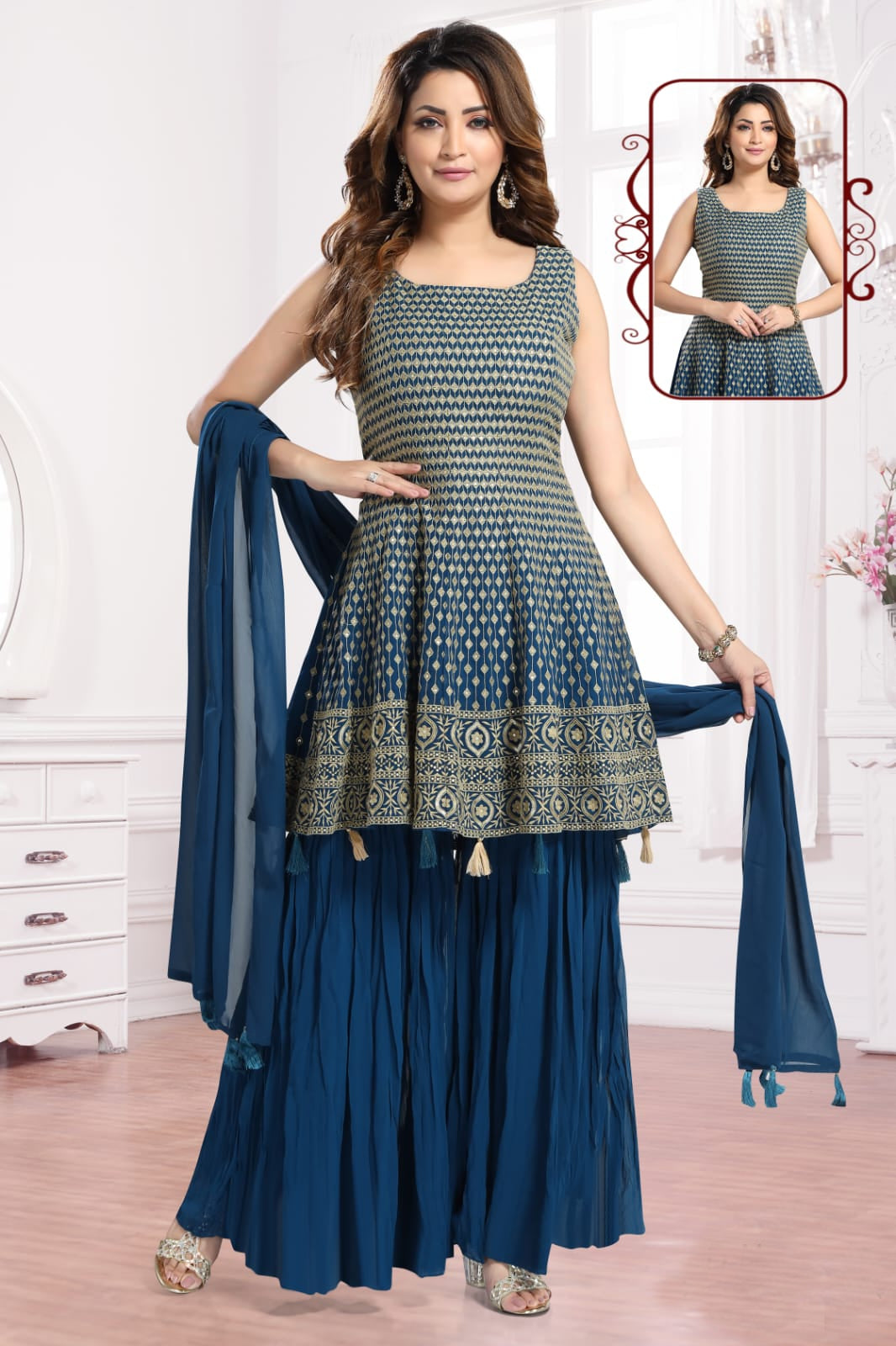 Blue Embroidered Georgette Sharara Set