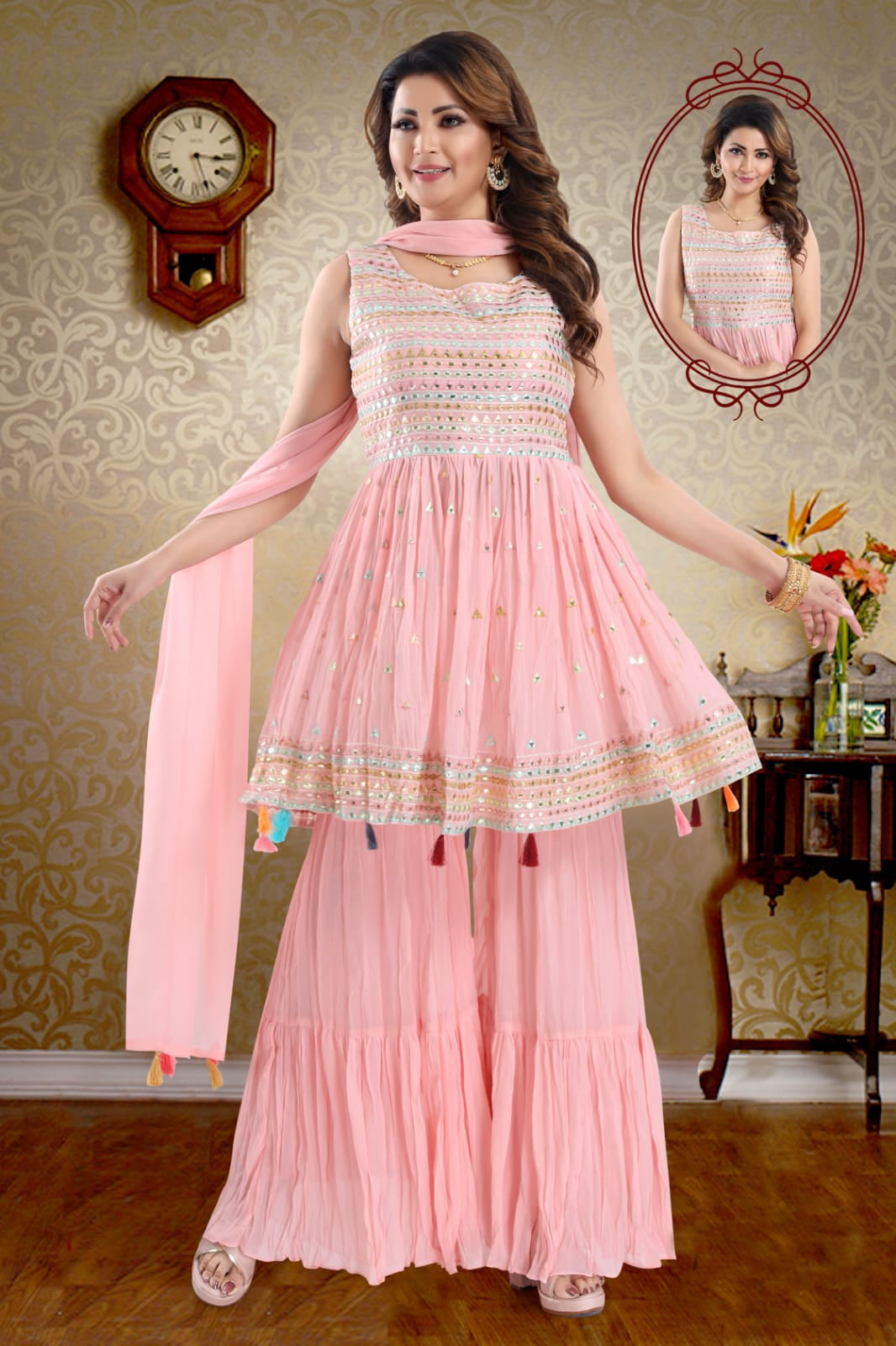 Pink Handwork Georgette Short Sharara Set