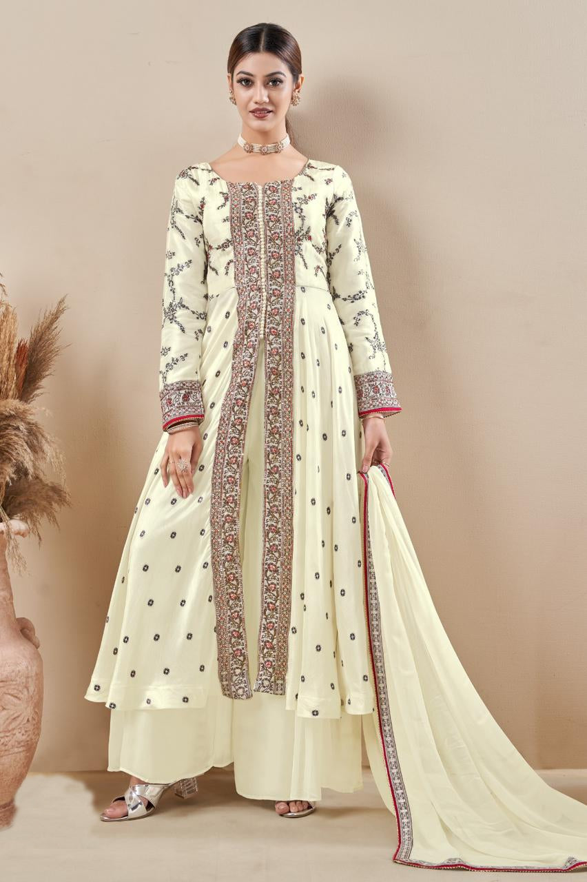 Cream Embroidered Silk Front Cut Palazzo Set