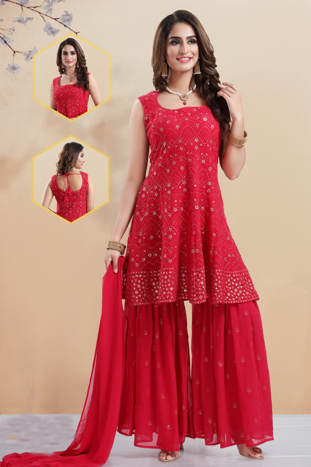 Red Handwork Georgette Sharara Set