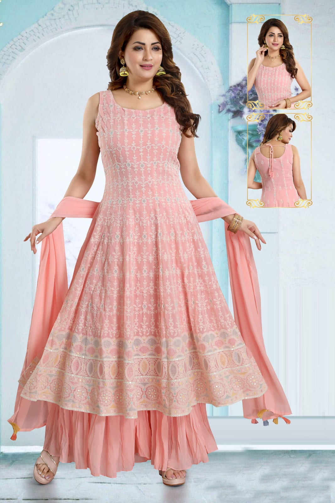 Pink Embroidered Chiffon Sharara Set