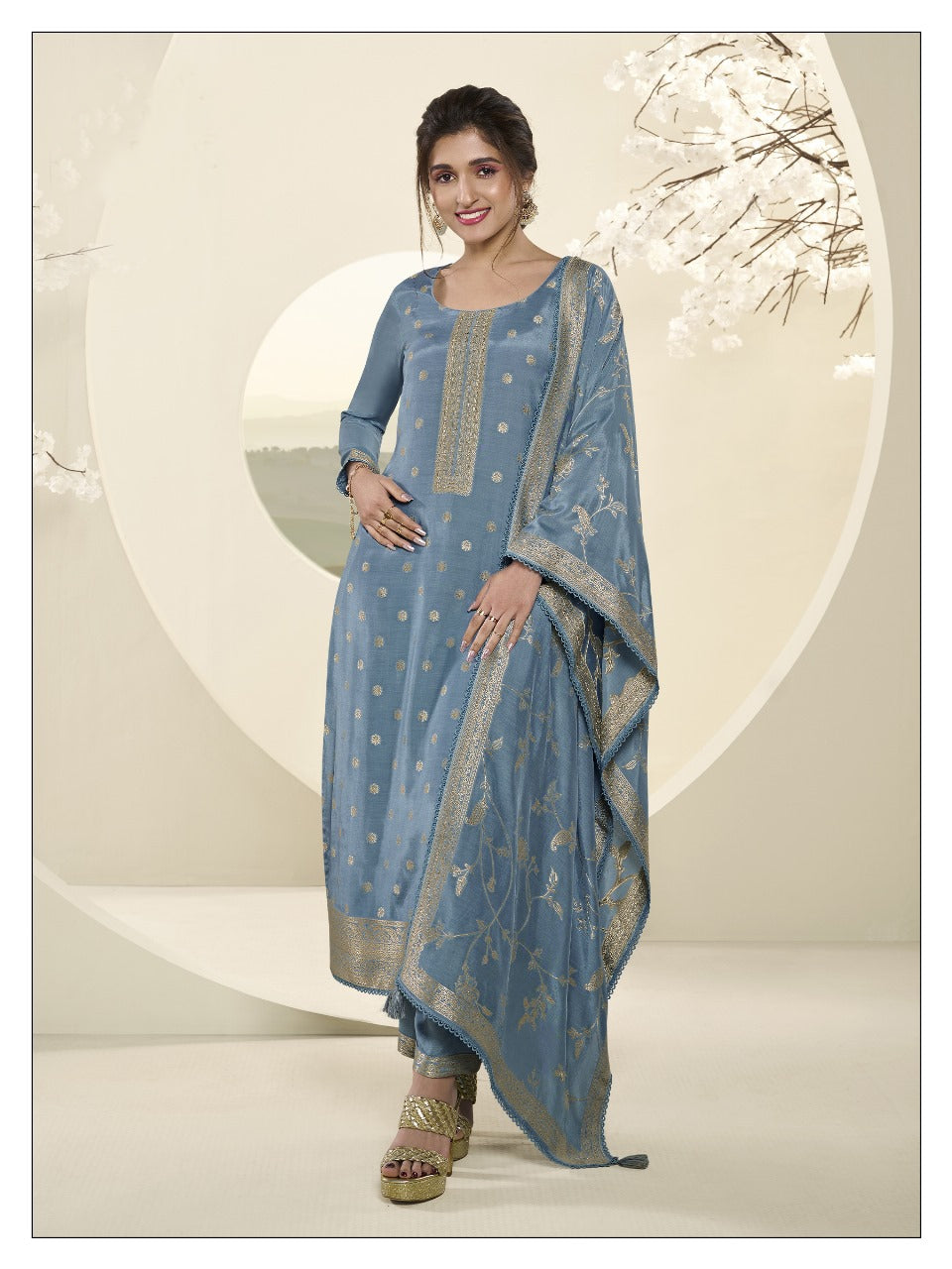 Sky Blue Jacquard Silk Kurta Set