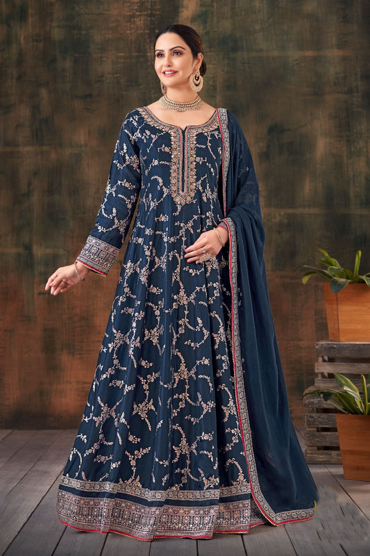 Blue Banarasi Silk Handwork Long Gown