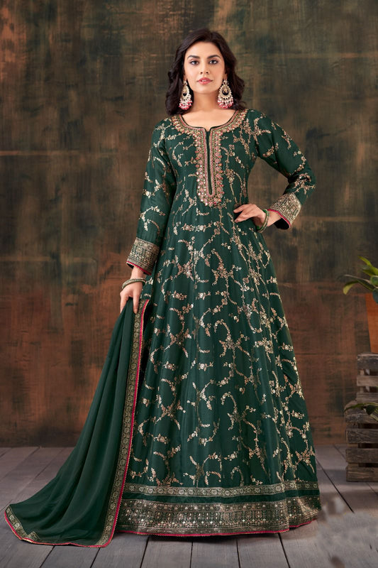 Green  Banarasi Silk Handwork Long Gown