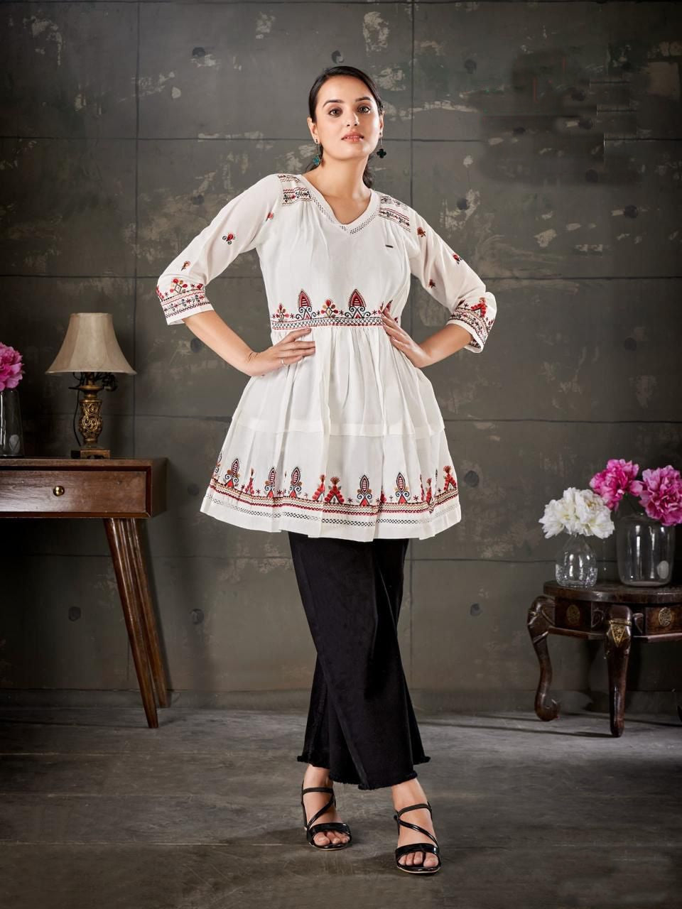 White Embroidery Mal Cotton Short Kurti