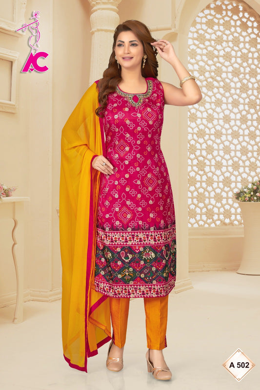 Pink & Yellow Silk Bandhani Printed Kurta Set