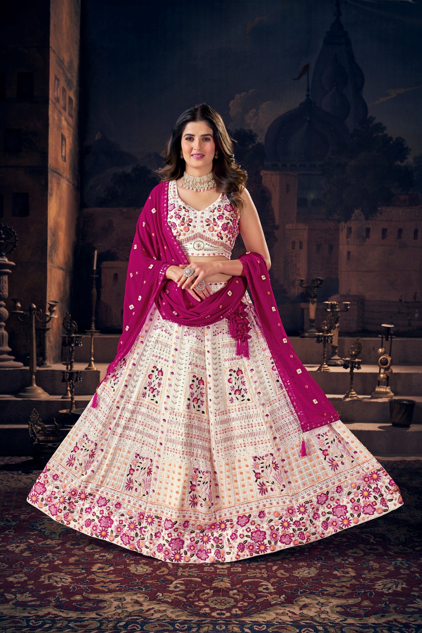 Two-Tone Handwork Georgette Ready-Made Lehenga