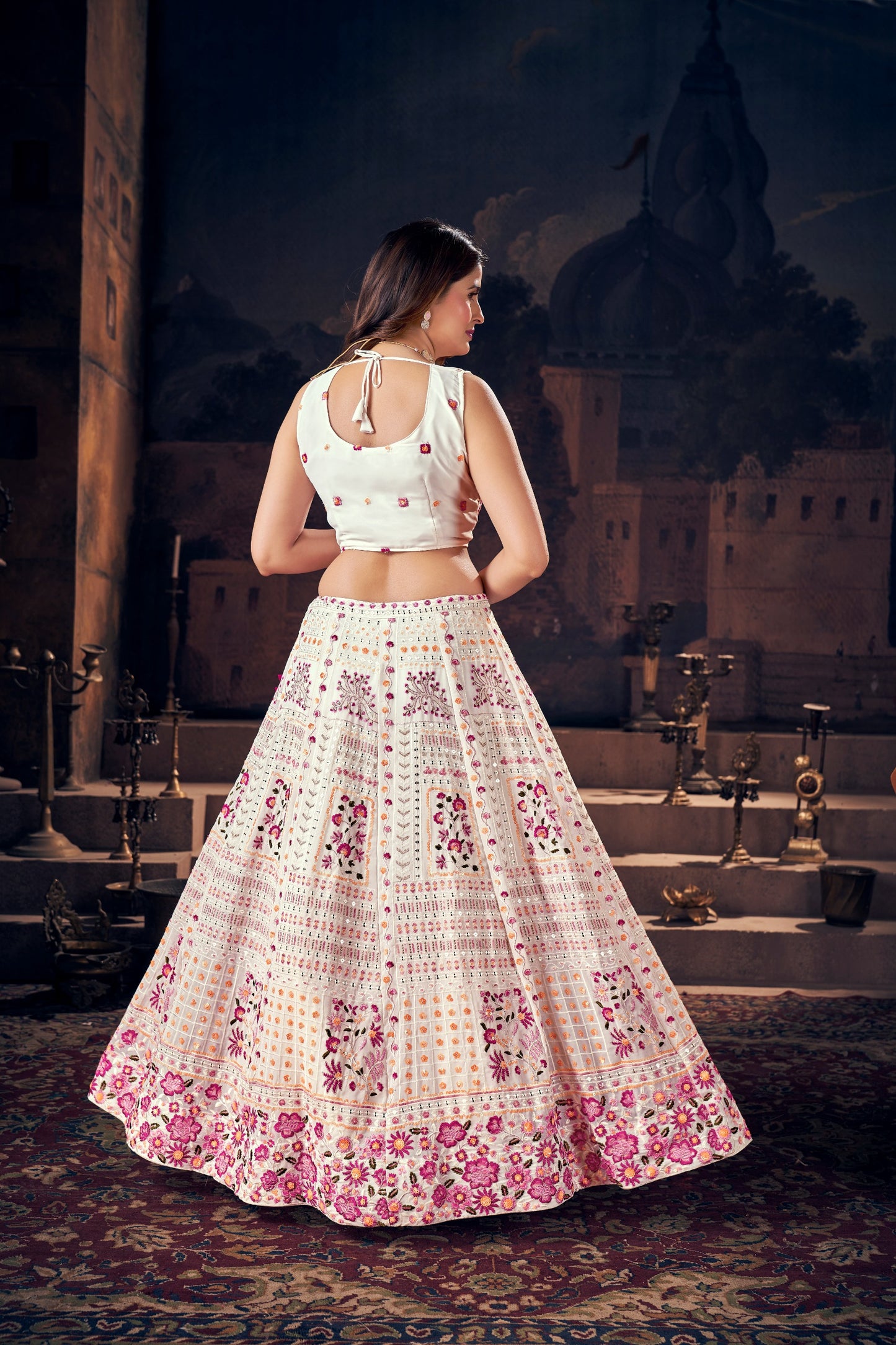 Two-Tone Handwork Georgette Ready-Made Lehenga