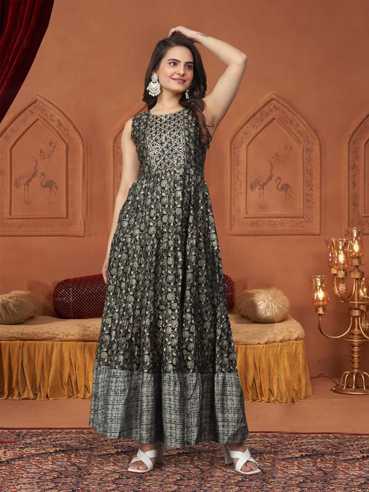 Black Handwork Printed Muslin Gown