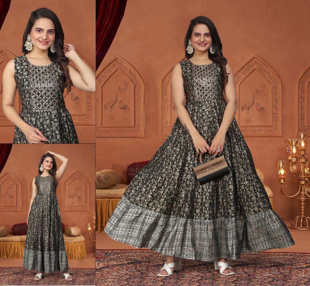 Black Handwork Printed Muslin Gown