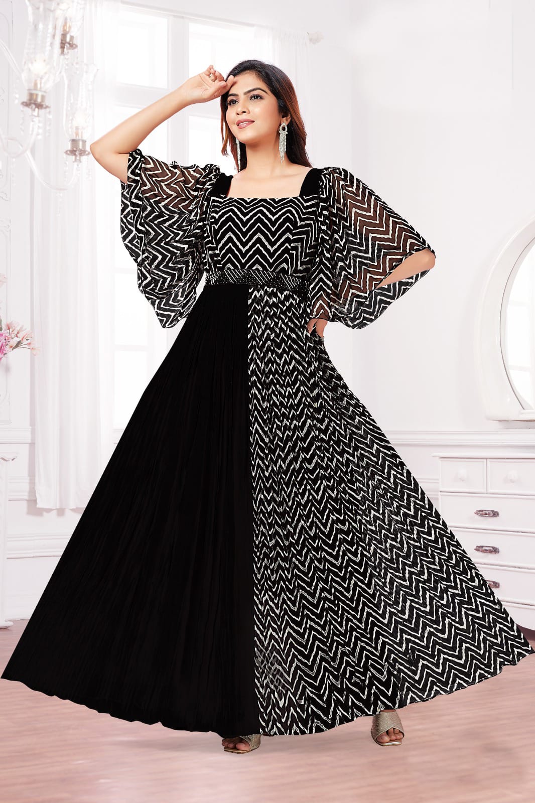 Black Printed Georgette Gown