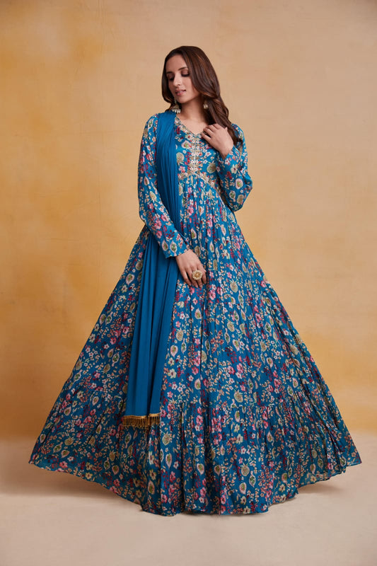 Blue Printed Chinnon Alia Cut Gown