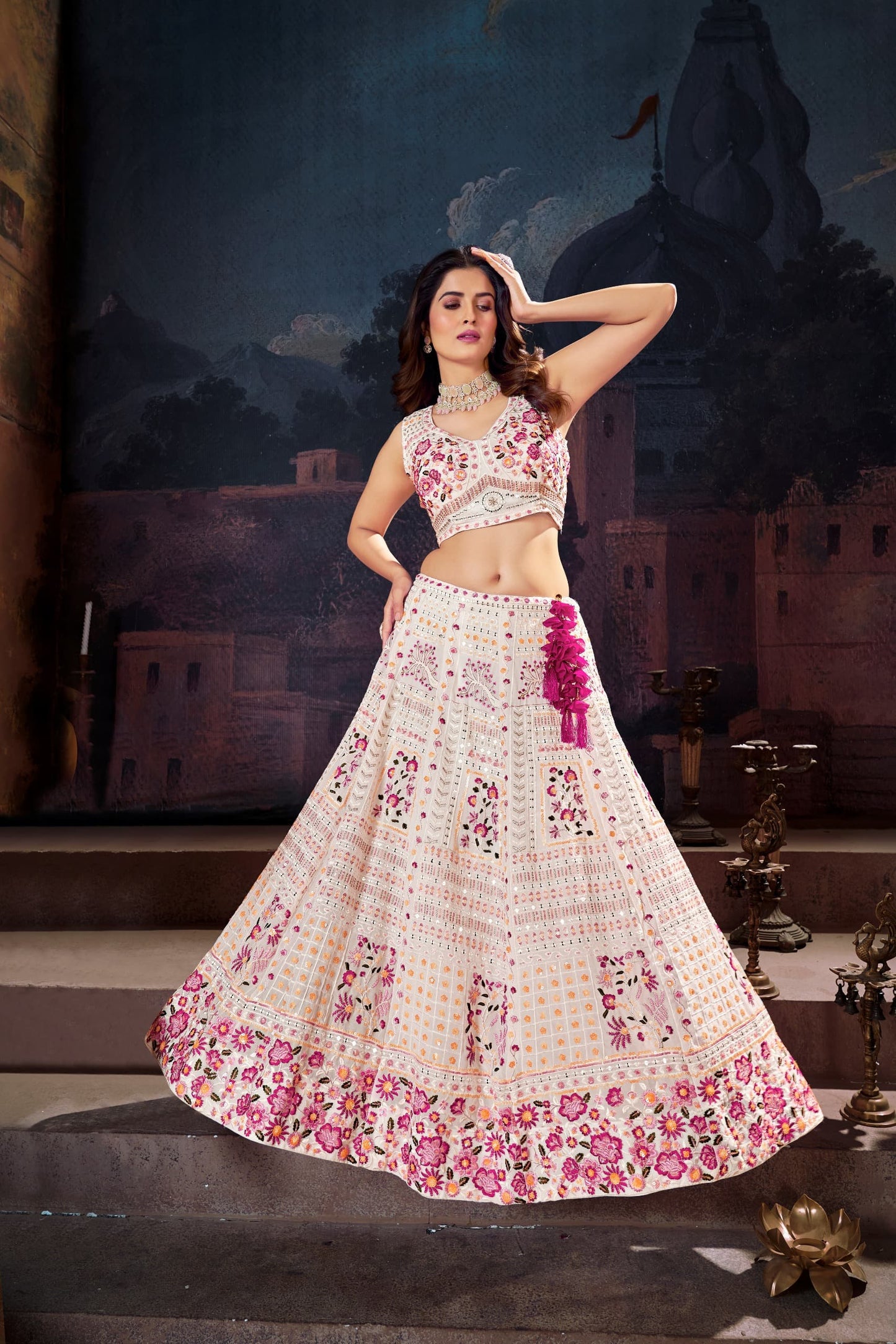 Two-Tone Handwork Georgette Ready-Made Lehenga