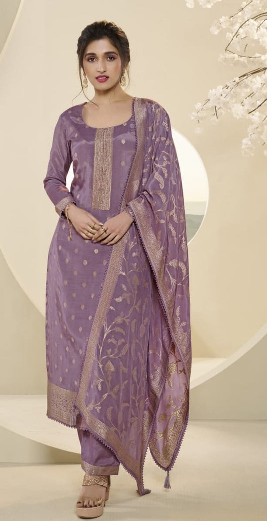 Lavender Purple Jacquard Silk Kurta Set