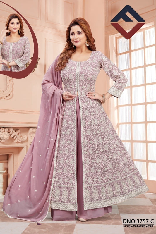 onion pink Embroidered georgette Front Cut Palazzo Set