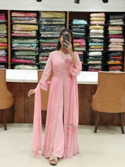 BABY PINK  georgette Front Cut Palazzo Set
