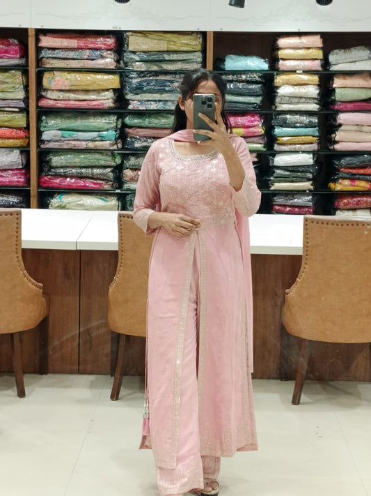 BABY PINK  georgette Front Cut Palazzo Set