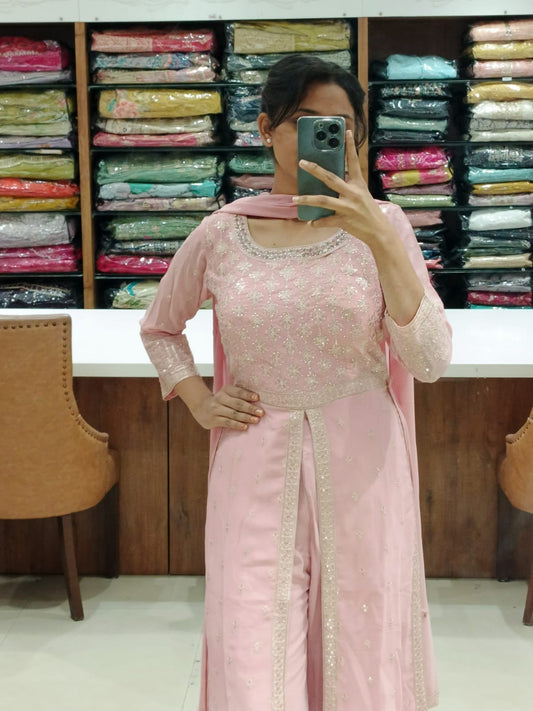 BABY PINK  georgette Front Cut Palazzo Set