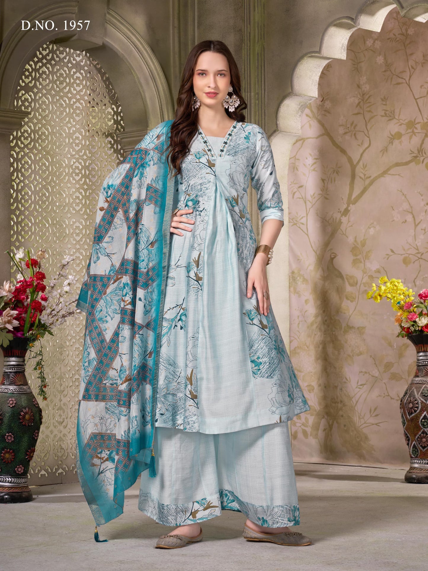 SKY BLUE COTTON NECK HAND WORK WITH PRINT PLAZO SUIT