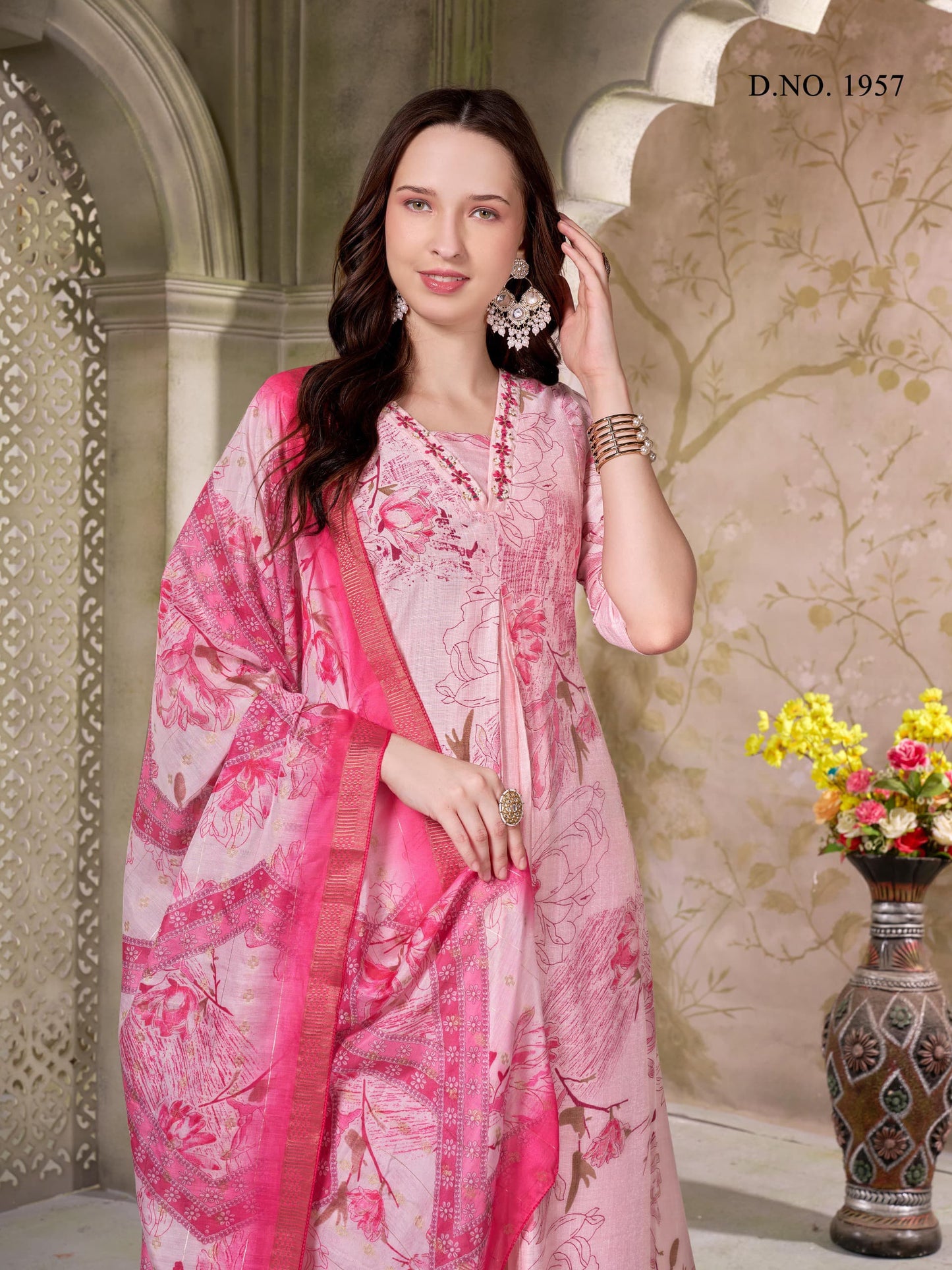 PINK COTTON NECK HAND WORK WITH PRINT PLAZO SUIT