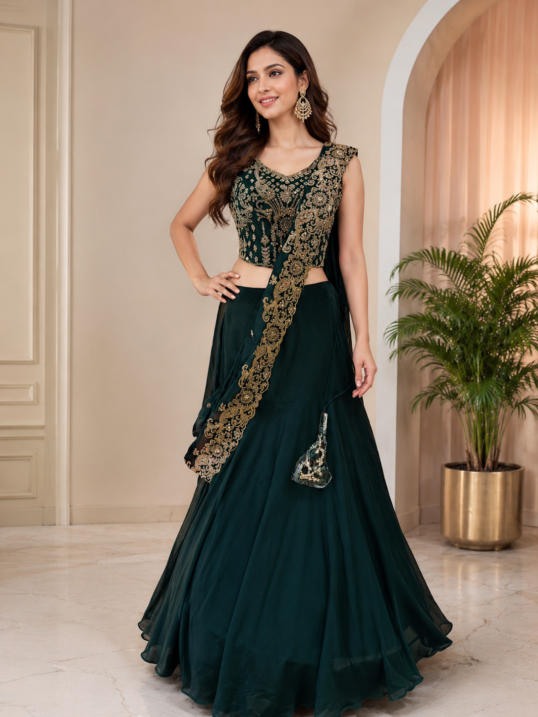 Bottel Green Draping Indowestern 2pis